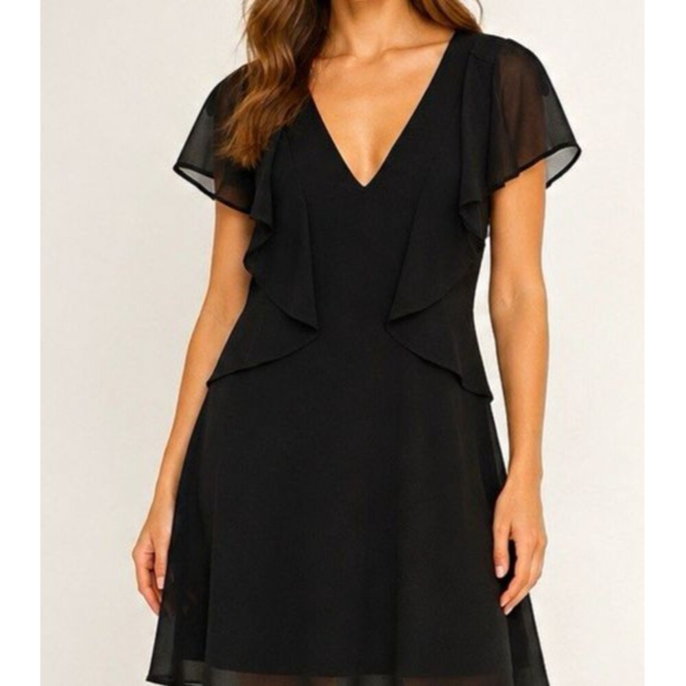 BCBGeneration Black V-Neck Ruffle Flutter Sleeve Short Fit & Flare Dress S